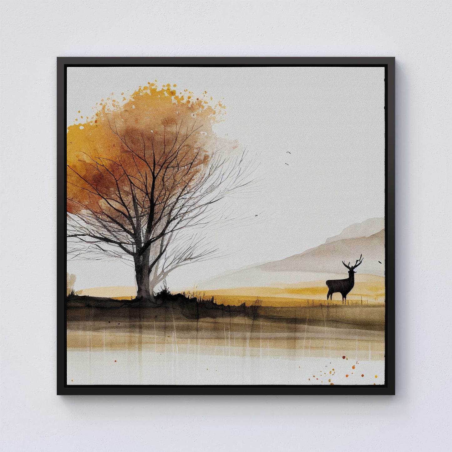 Autumn Landscape Stag Watercolour Framed Canvas