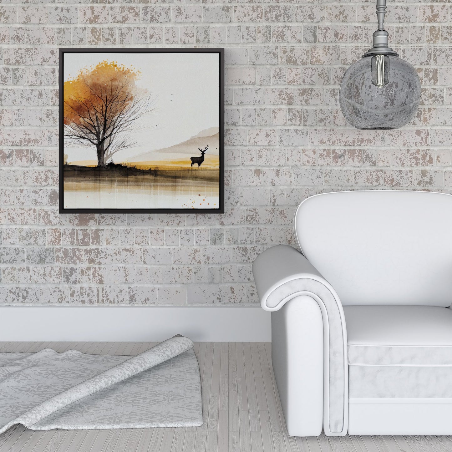 Autumn Landscape Stag Watercolour Framed Canvas
