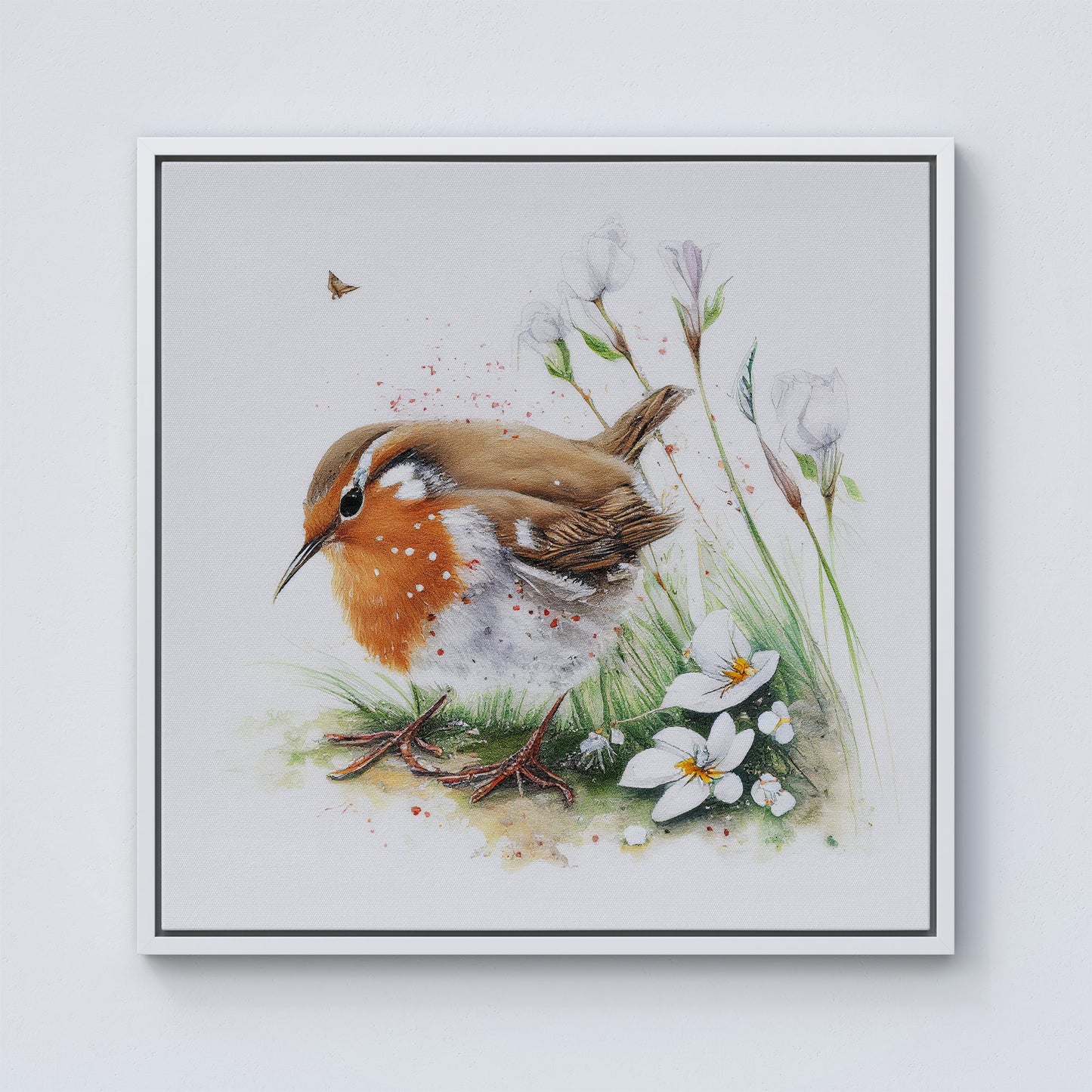 Robin And Daisies Watercolour Framed Canvas