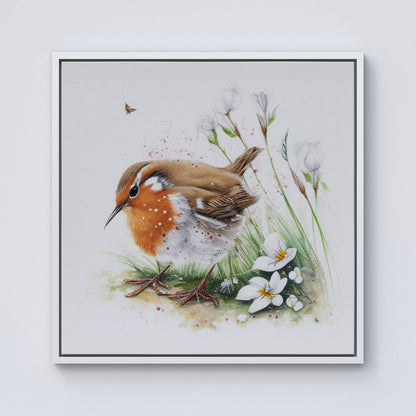Robin And Daisies Watercolour Framed Canvas