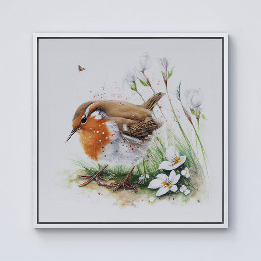 Robin And Daisies Watercolour Framed Canvas