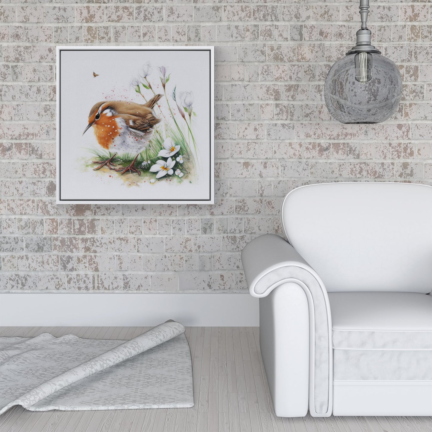 Robin And Daisies Watercolour Framed Canvas
