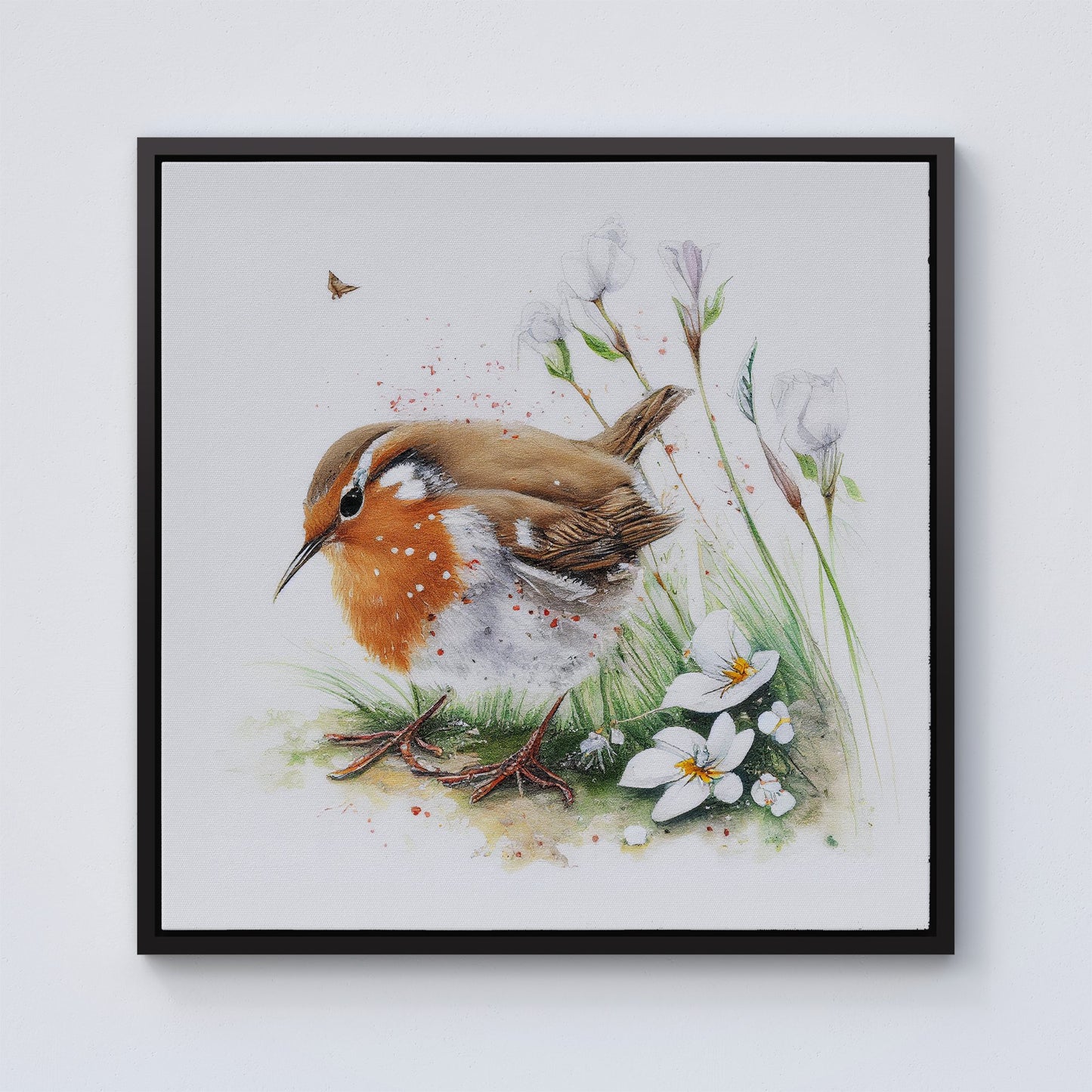 Robin And Daisies Watercolour Framed Canvas