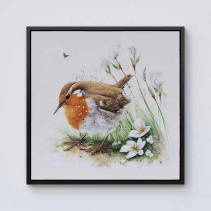 Robin And Daisies Watercolour Framed Canvas