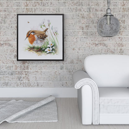 Robin And Daisies Watercolour Framed Canvas