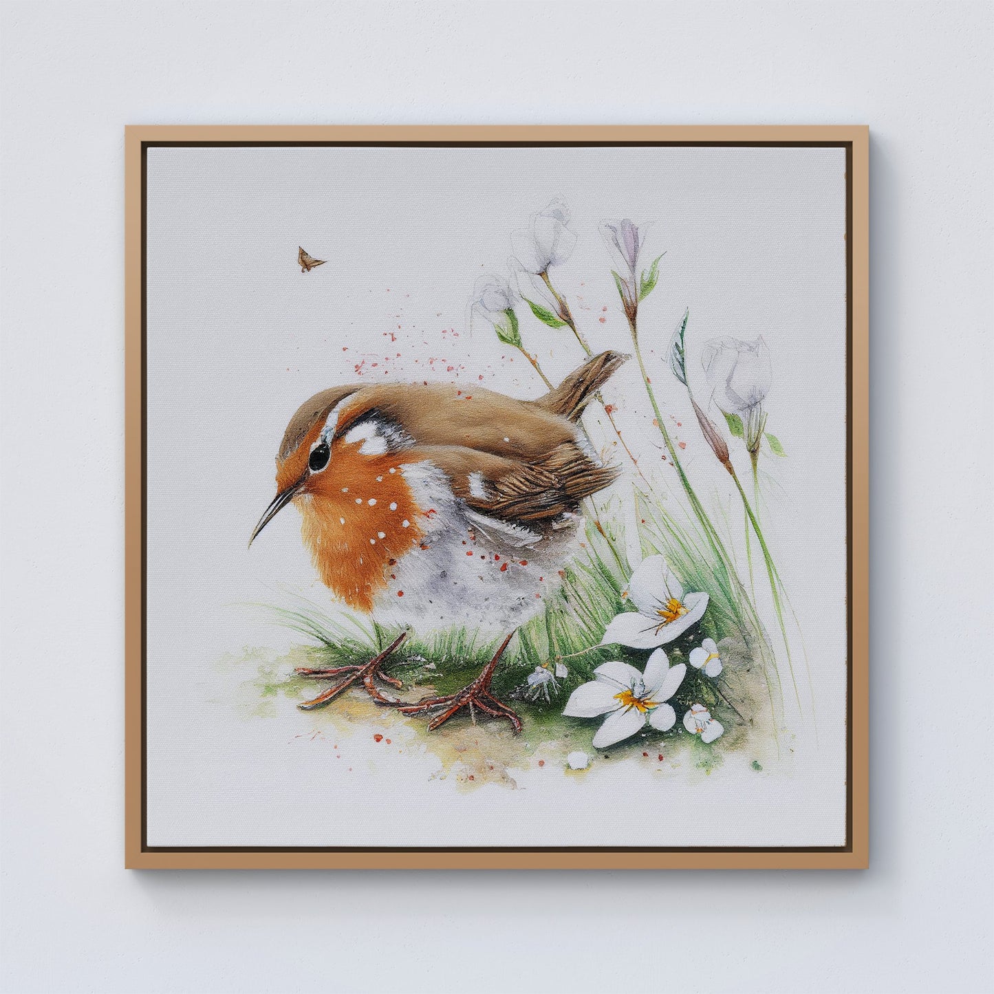 Robin And Daisies Watercolour Framed Canvas