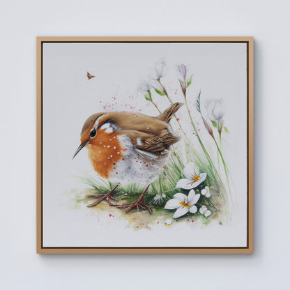 Robin And Daisies Watercolour Framed Canvas