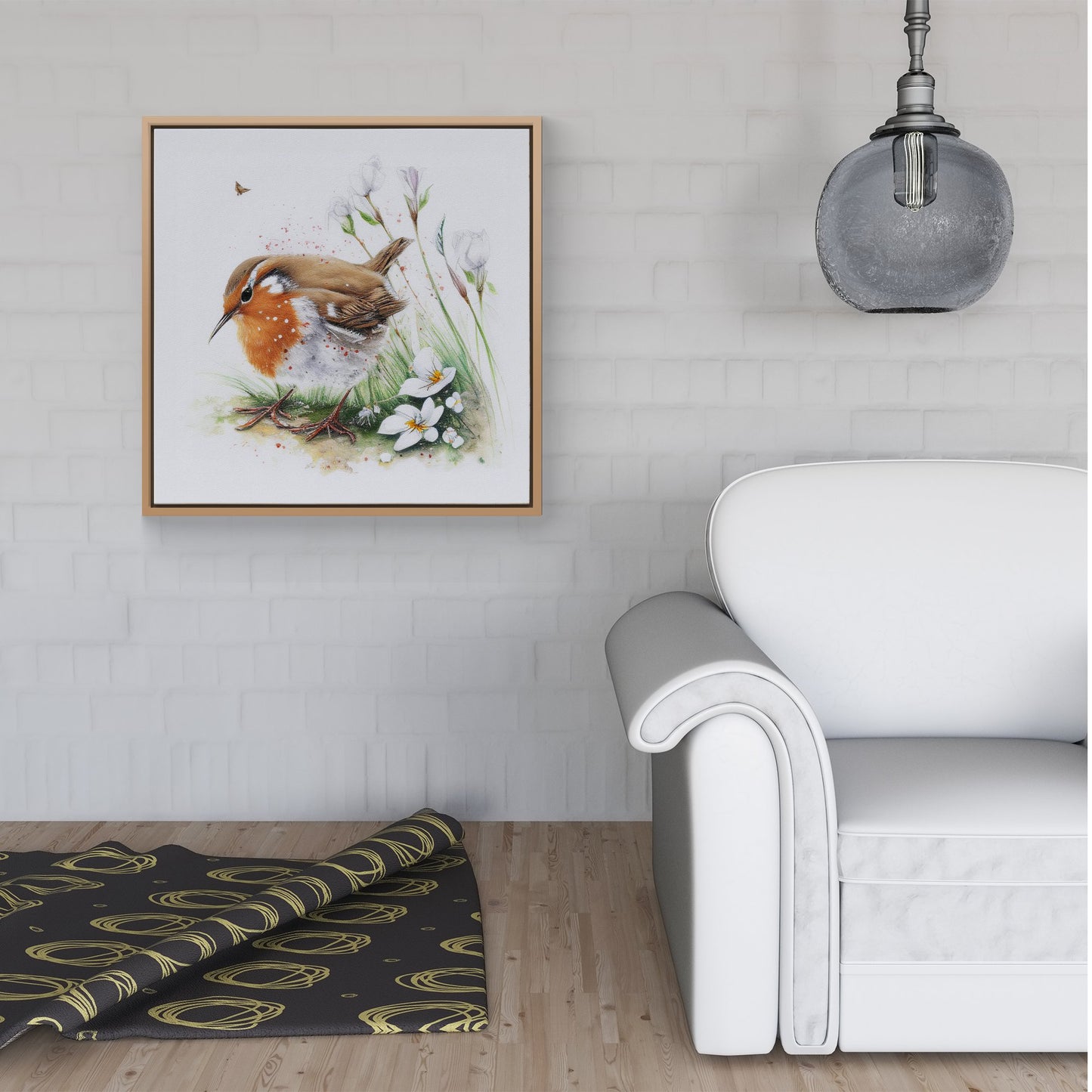 Robin And Daisies Watercolour Framed Canvas