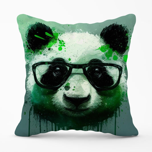 Panda With Glasses, Green Splashart Outdoor Cushion