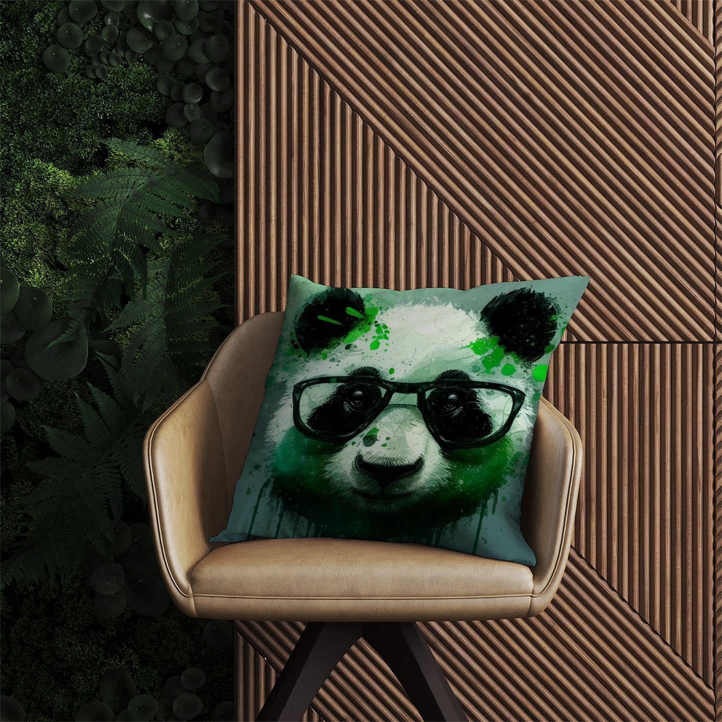 Panda With Glasses, Green Splashart Outdoor Cushion
