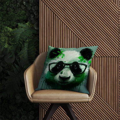 Panda With Glasses, Green Splashart Outdoor Cushion