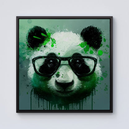 Panda With Glasses, Green Splashart Framed Canvas