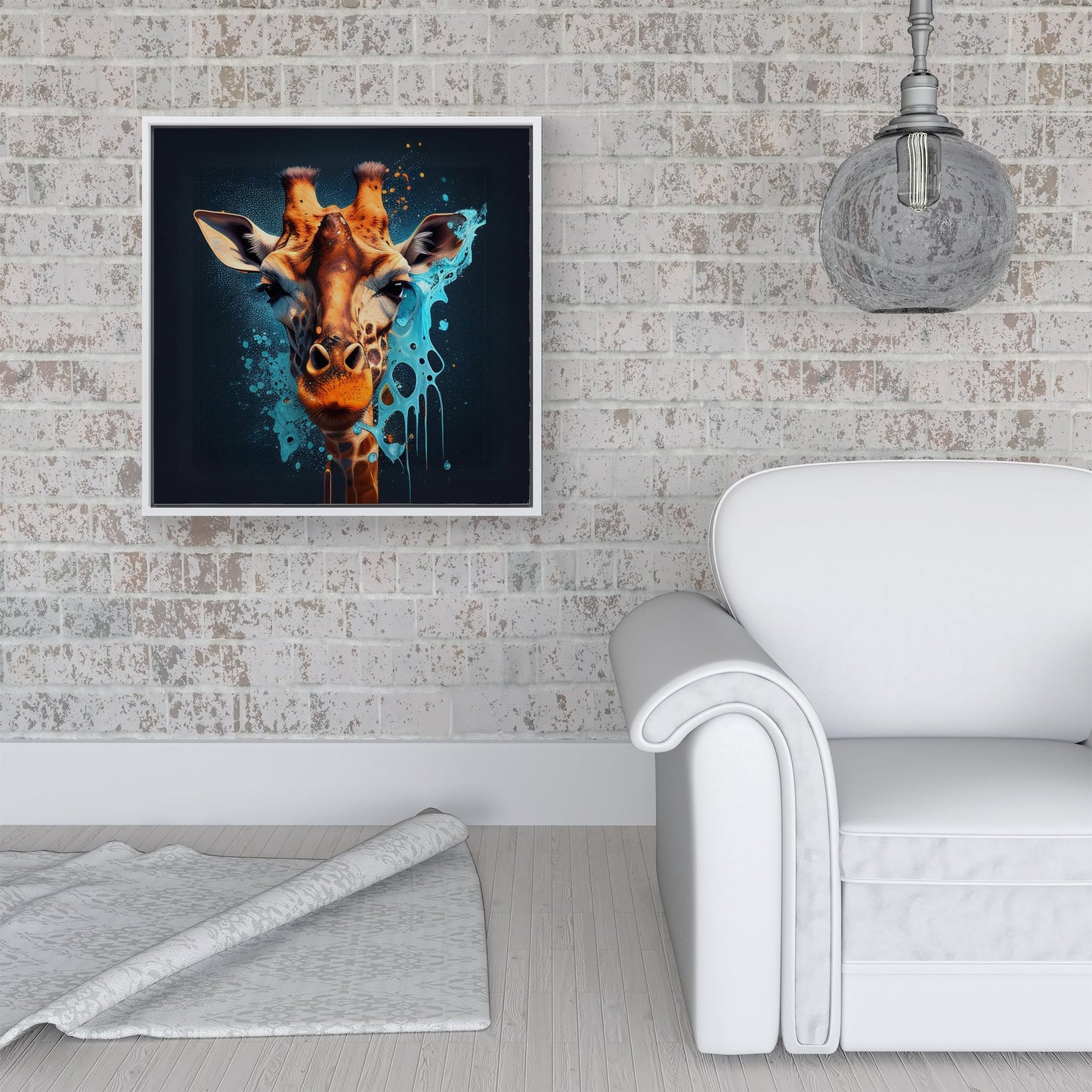 Blue Giraffe Face Splashart Framed Canvas