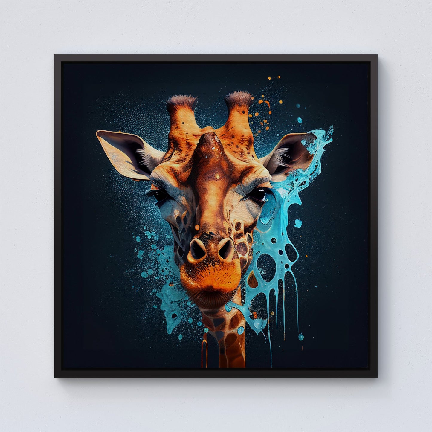 Blue Giraffe Face Splashart Framed Canvas