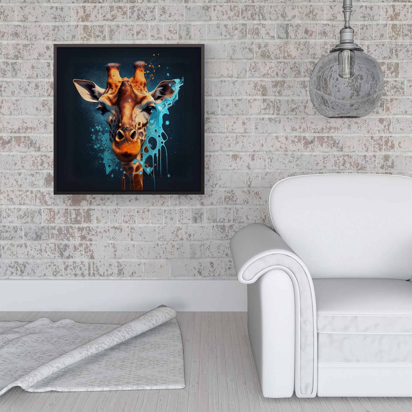 Blue Giraffe Face Splashart Framed Canvas