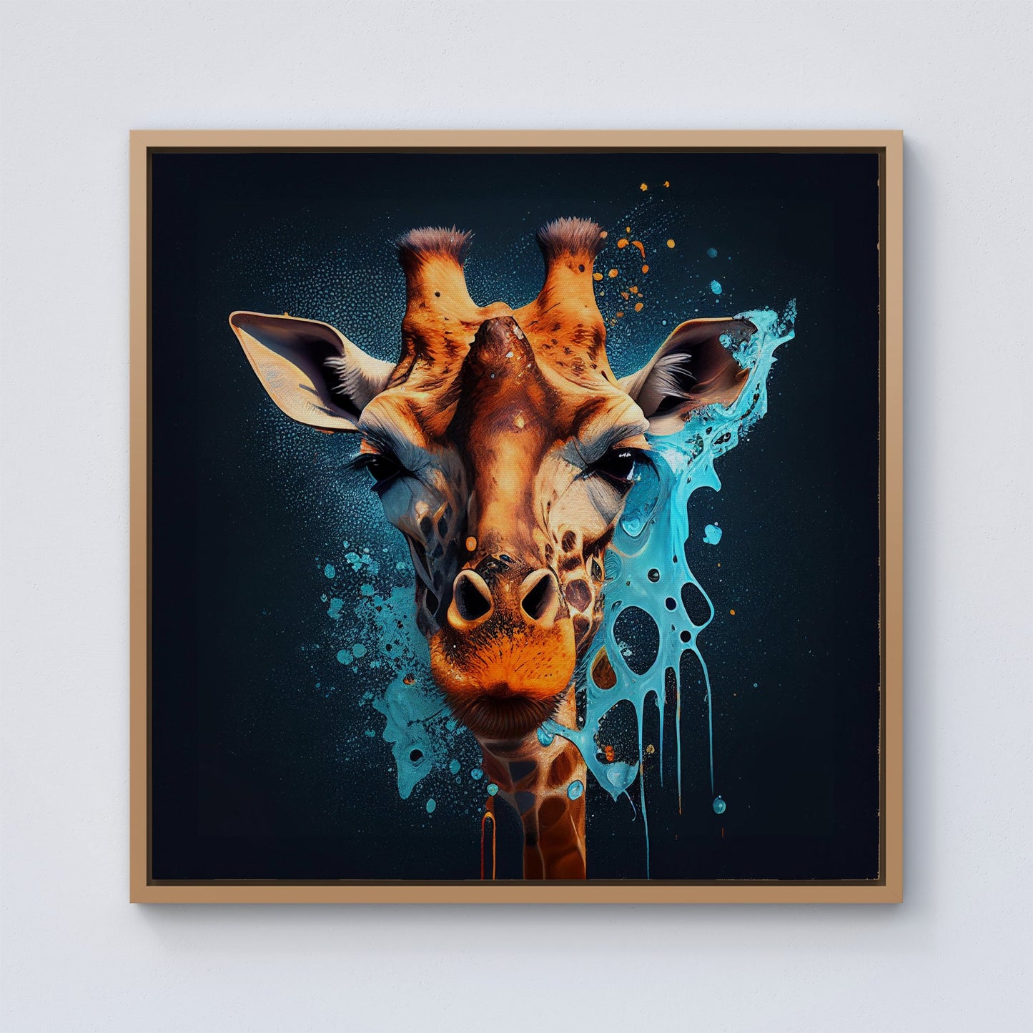 Blue Giraffe Face Splashart Framed Canvas