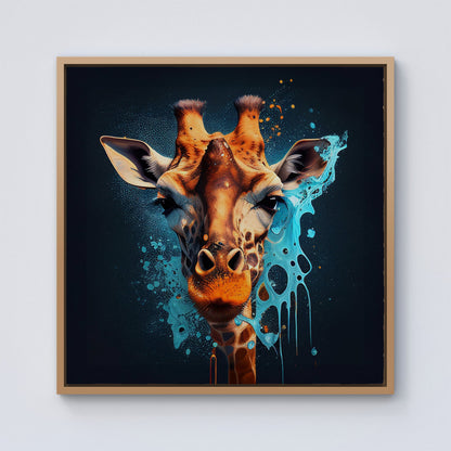 Blue Giraffe Face Splashart Framed Canvas