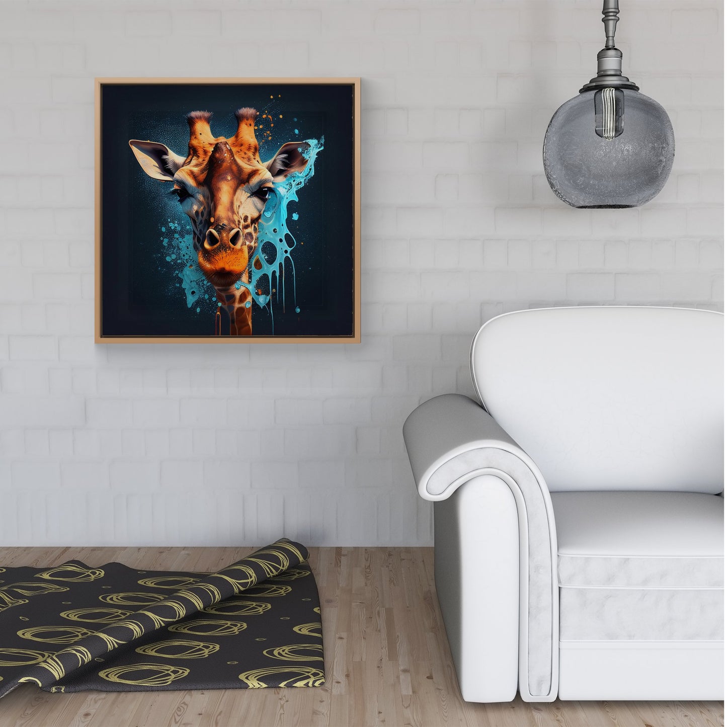 Blue Giraffe Face Splashart Framed Canvas