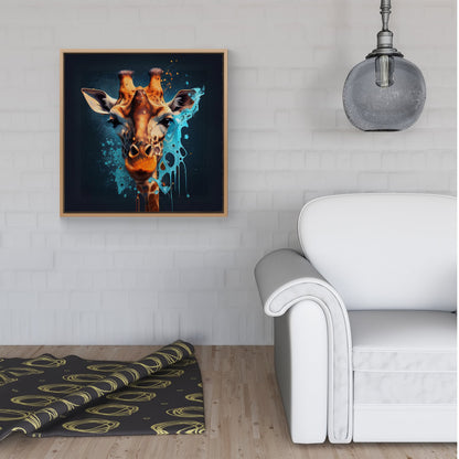 Blue Giraffe Face Splashart Framed Canvas