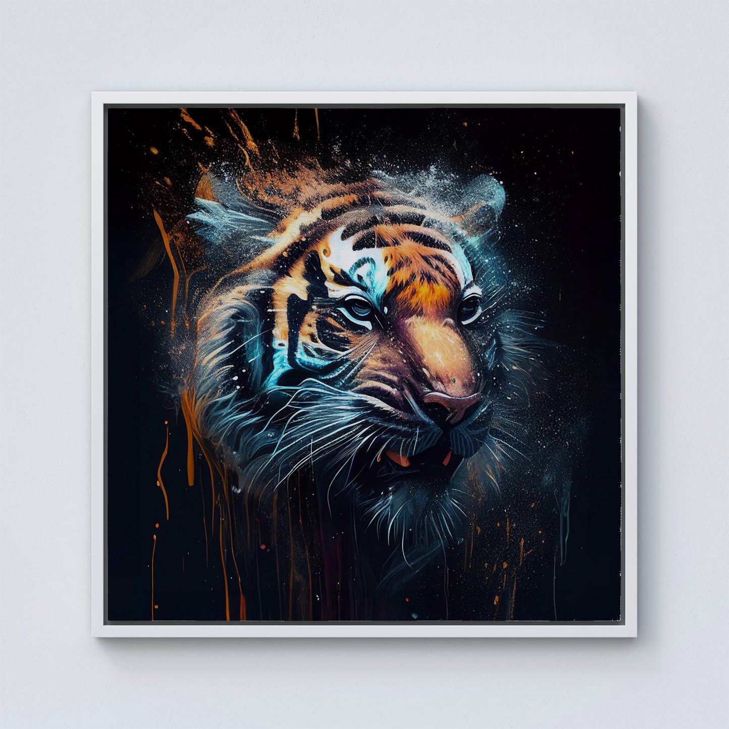 Tiger Face Splashart Dark Background Framed Canvas