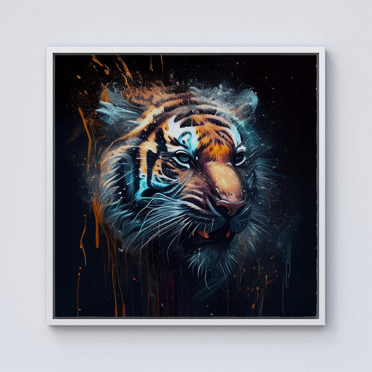 Tiger Face Splashart Dark Background Framed Canvas