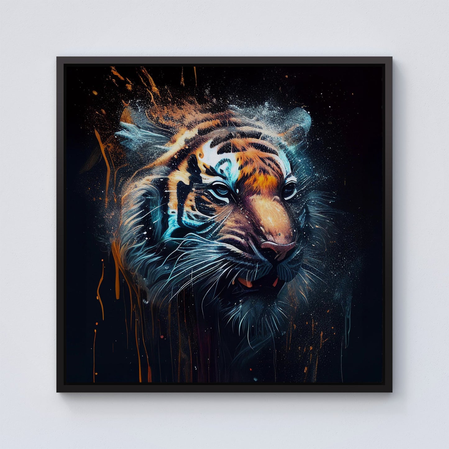 Tiger Face Splashart Dark Background Framed Canvas