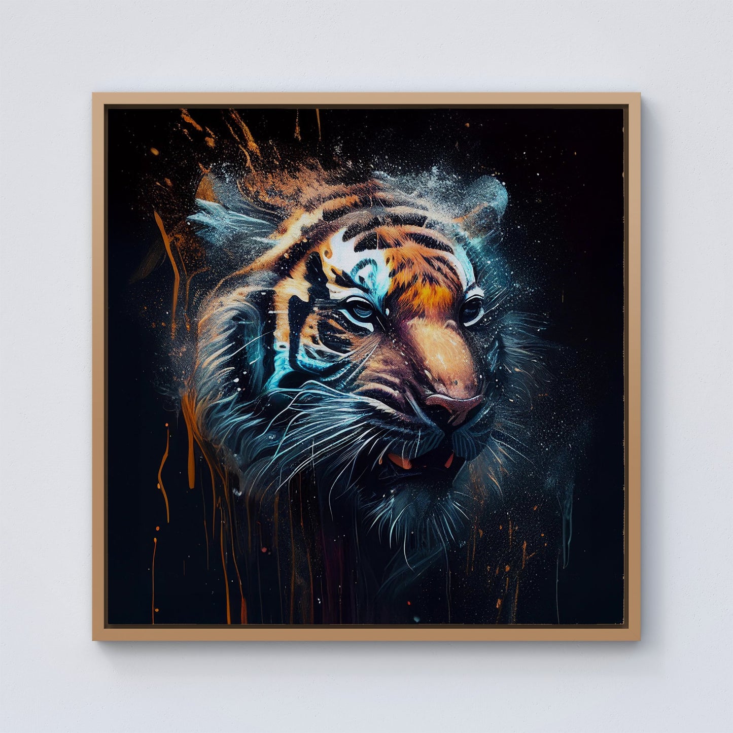 Tiger Face Splashart Dark Background Framed Canvas