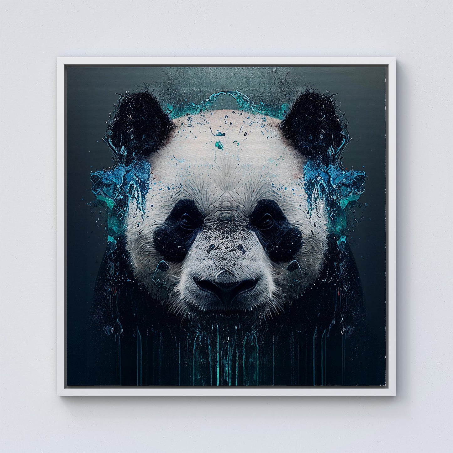 Panda Face Splashart Dark Background Framed Canvas