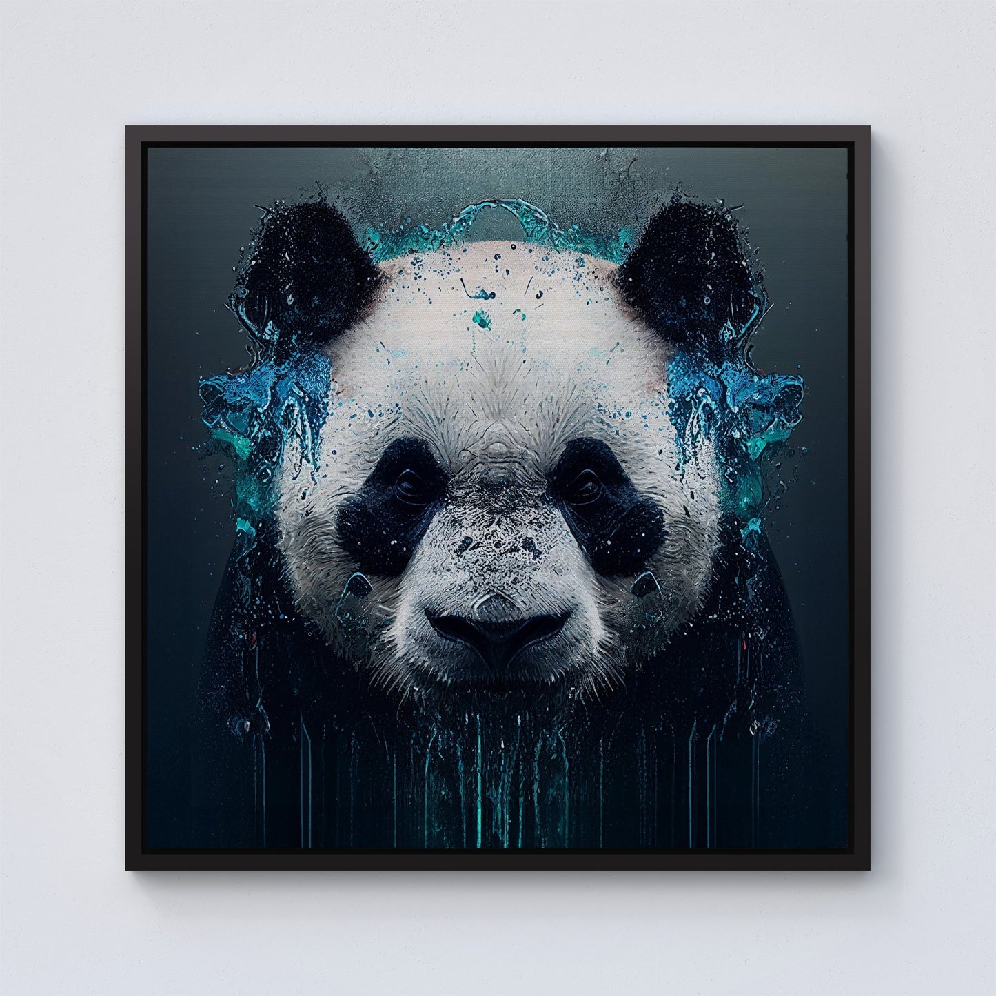 Panda Face Splashart Dark Background Framed Canvas