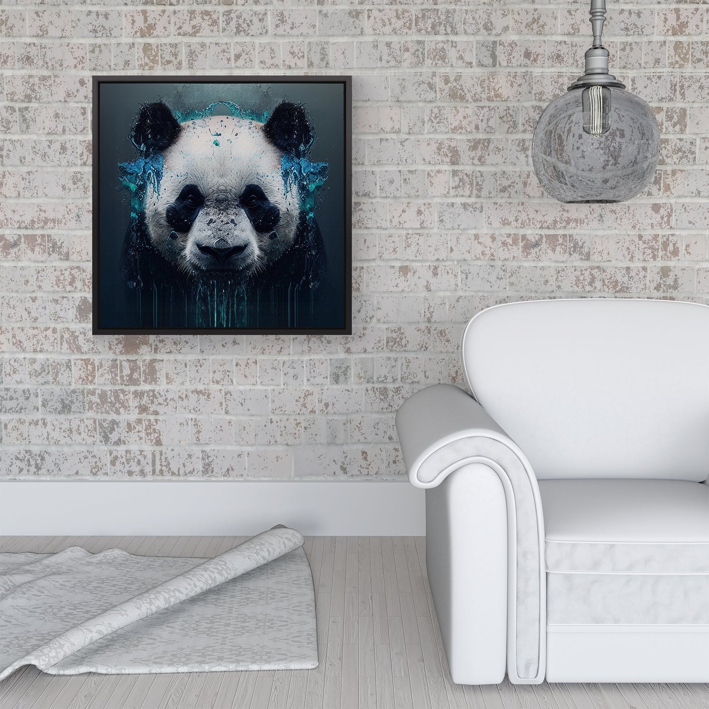 Panda Face Splashart Dark Background Framed Canvas