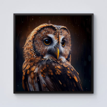 Tawny Owl Face Splashart Dark Background Framed Canvas