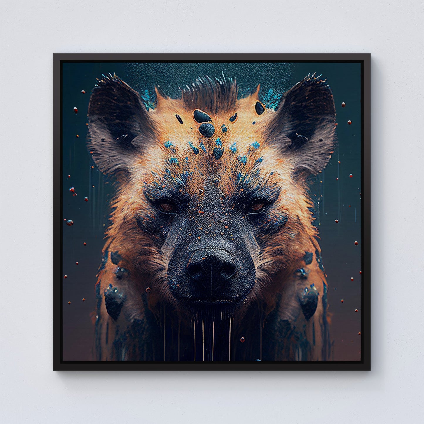 Hyena Face Splashart Dark Background Framed Canvas