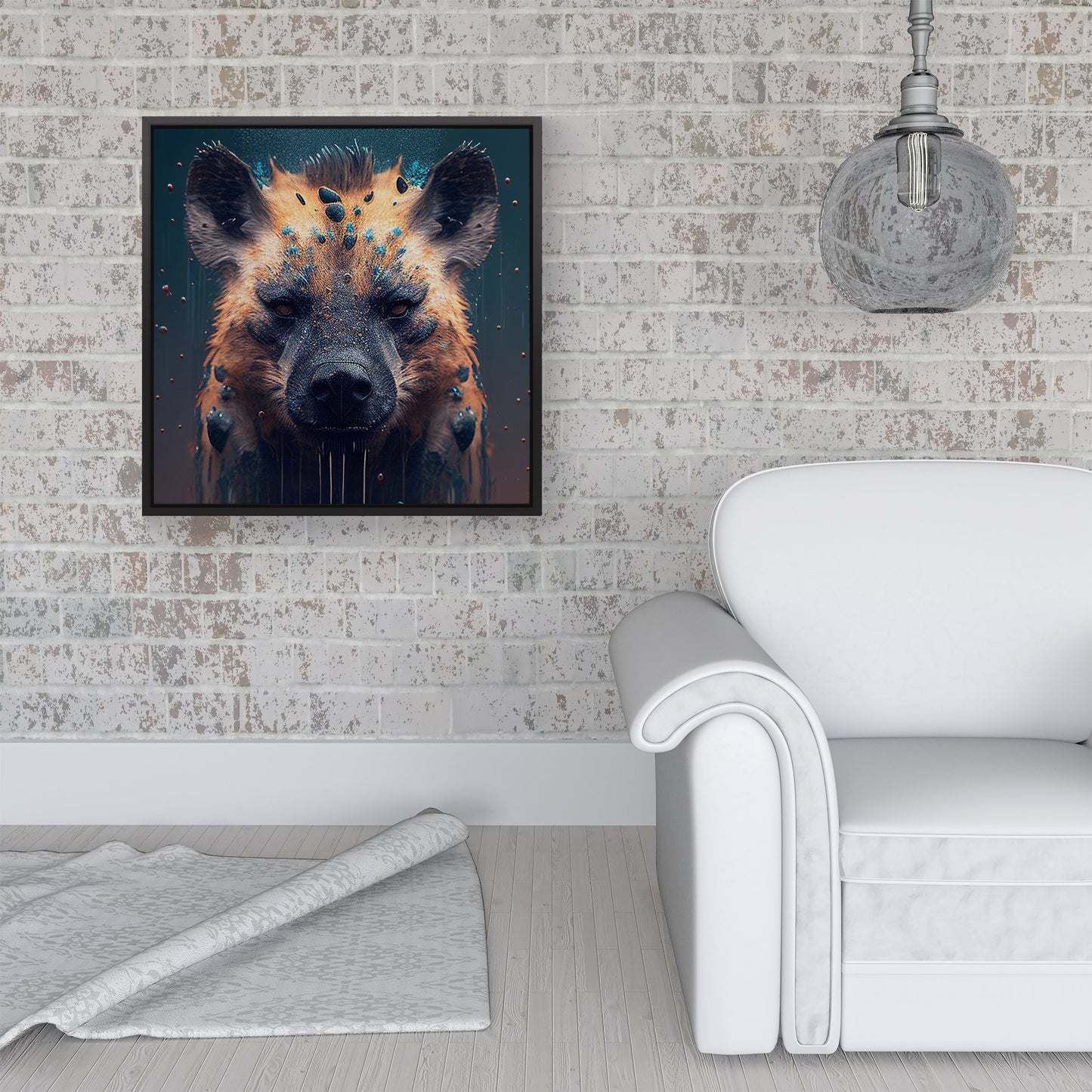 Hyena Face Splashart Dark Background Framed Canvas