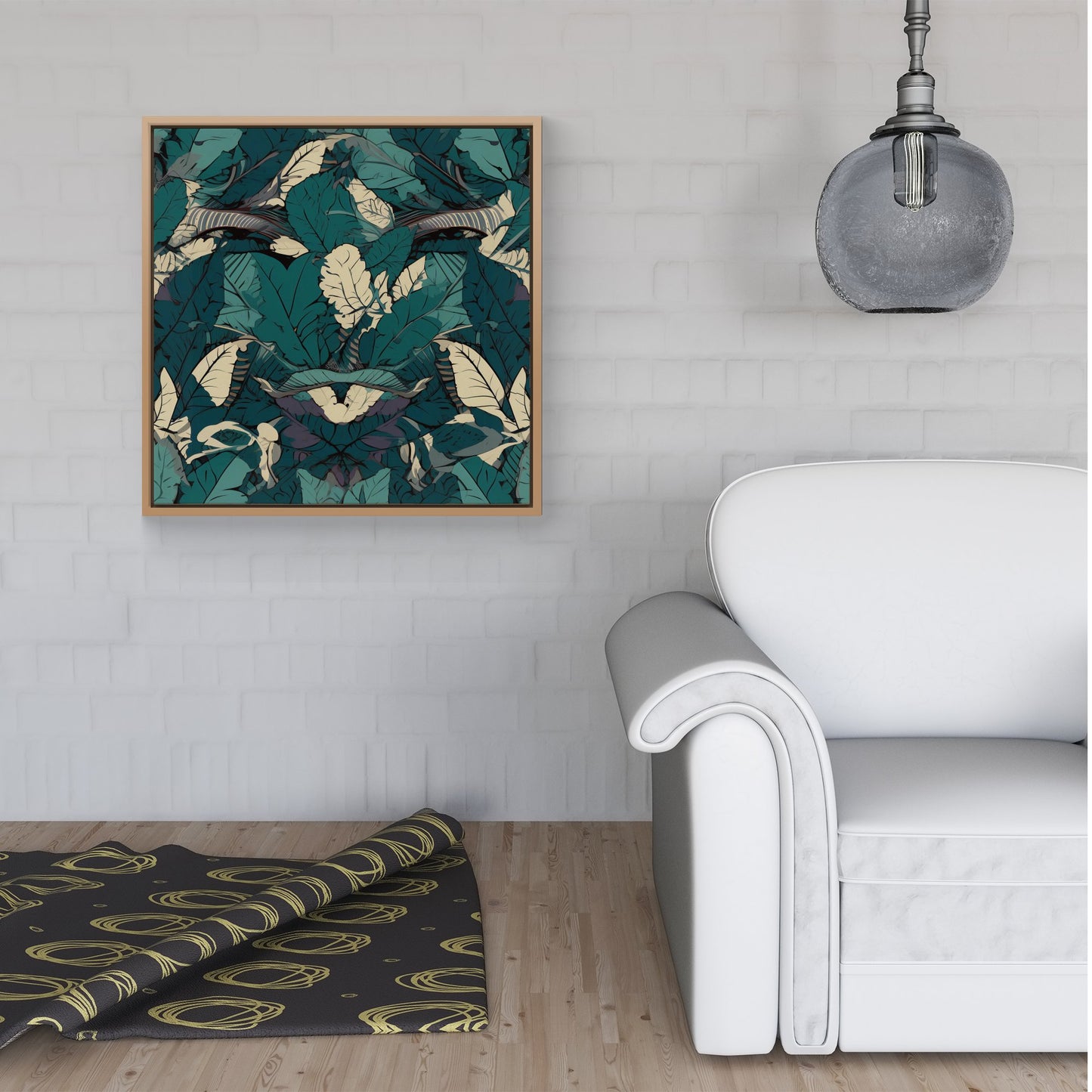 Green Beige Tropical Leaves Framed Canvas