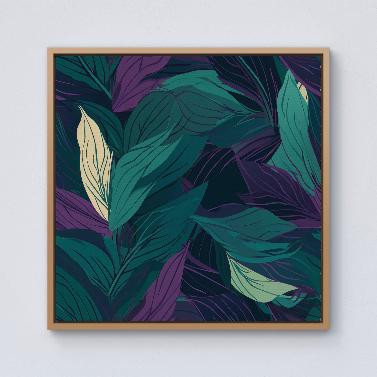 Green Purple Tropical Leaves Framed Canvas
