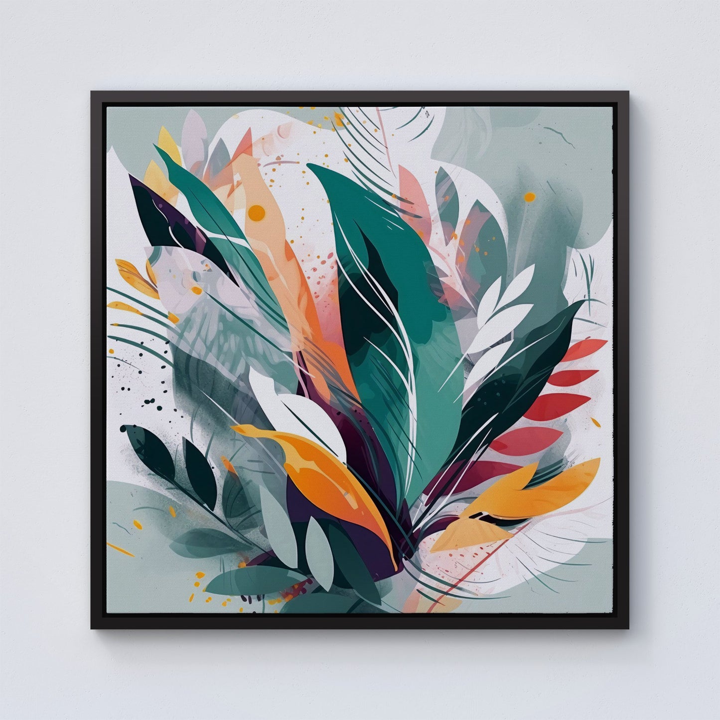 Coloured Abstrace Feather Leaves Framed Canvas