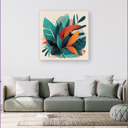 Green Orange Tropical Leaves Canvas