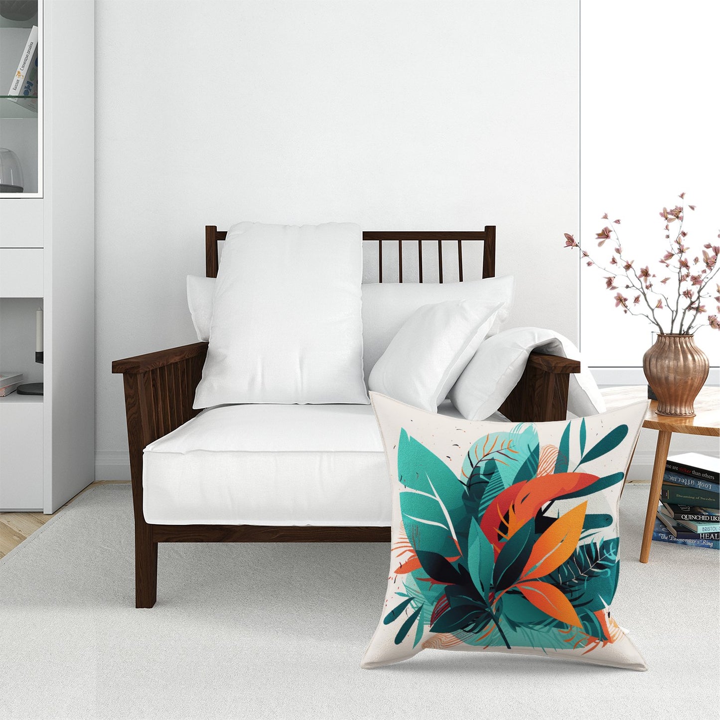 Green Orange Tropical Leaves Floor Cushion