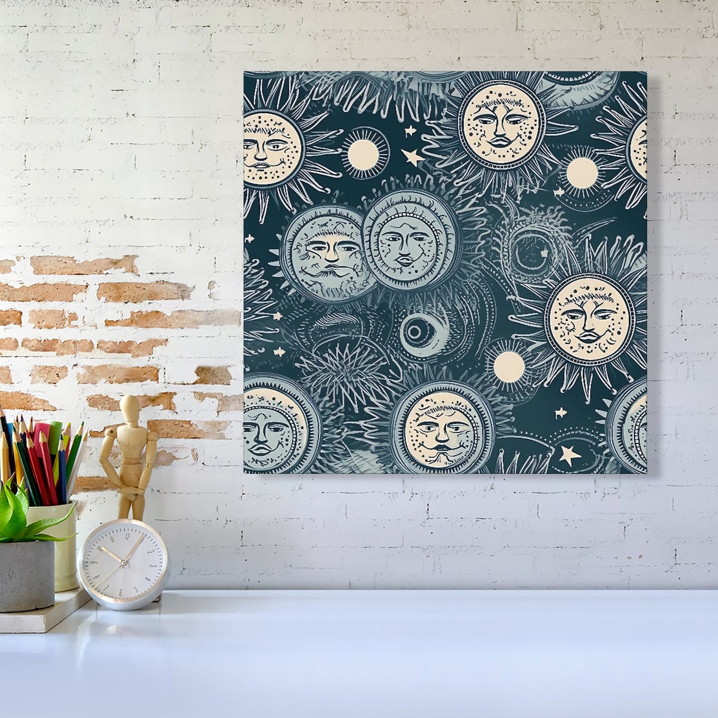 Silver Blue Moon and Stars Canvas