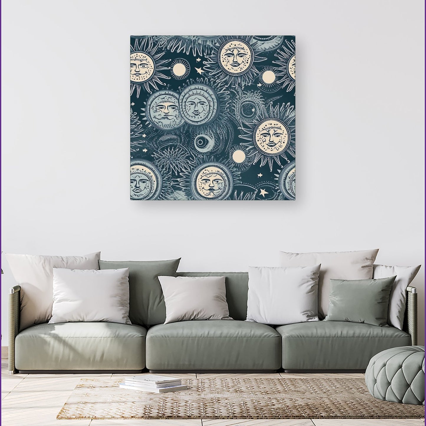 Silver Blue Moon and Stars Canvas