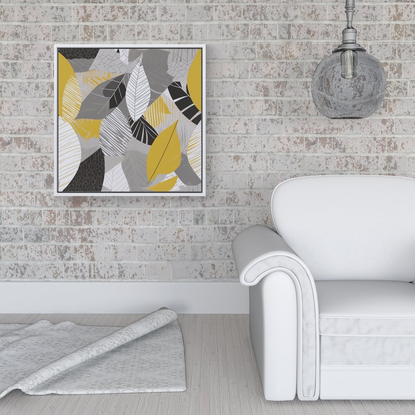 Grey Yellow Autumn Leaves Framed Canvas