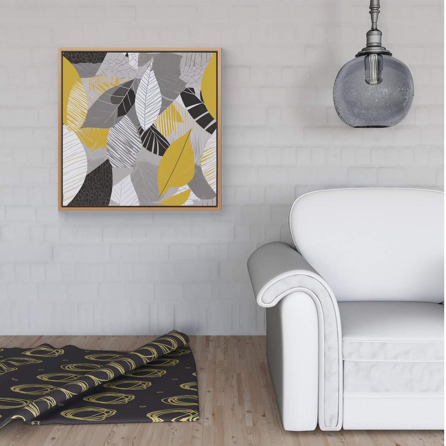 Grey Yellow Autumn Leaves Framed Canvas