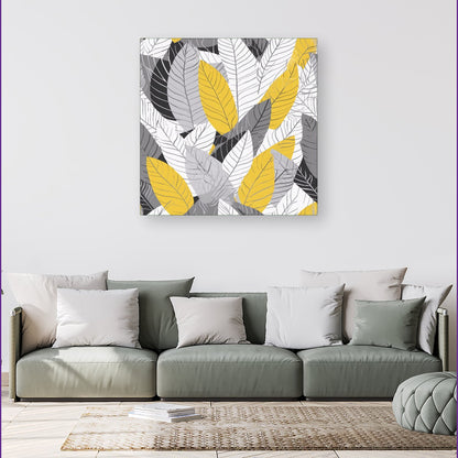 Yellow Grey Feather Leaves Canvas