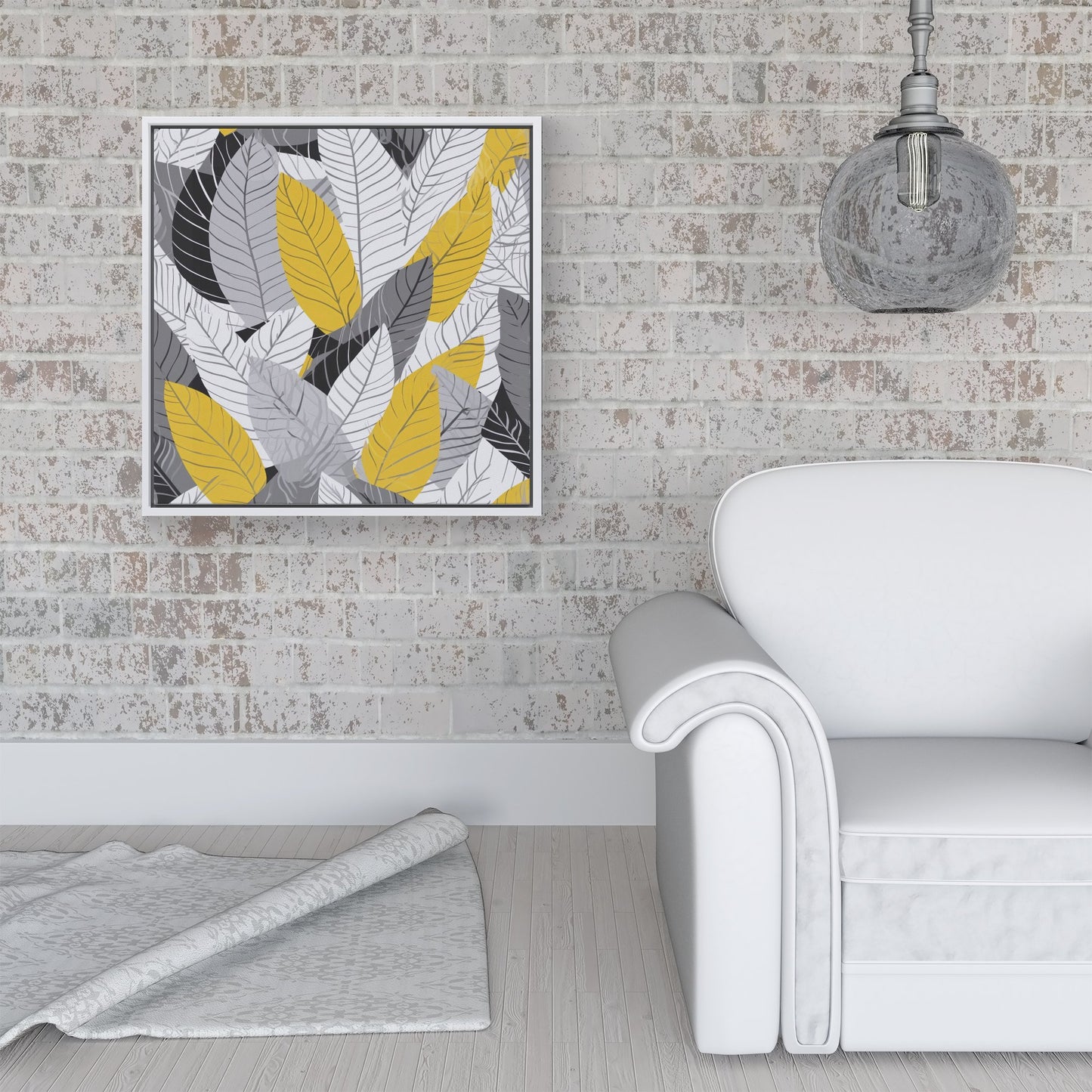 Yellow Grey Feather Leaves Framed Canvas