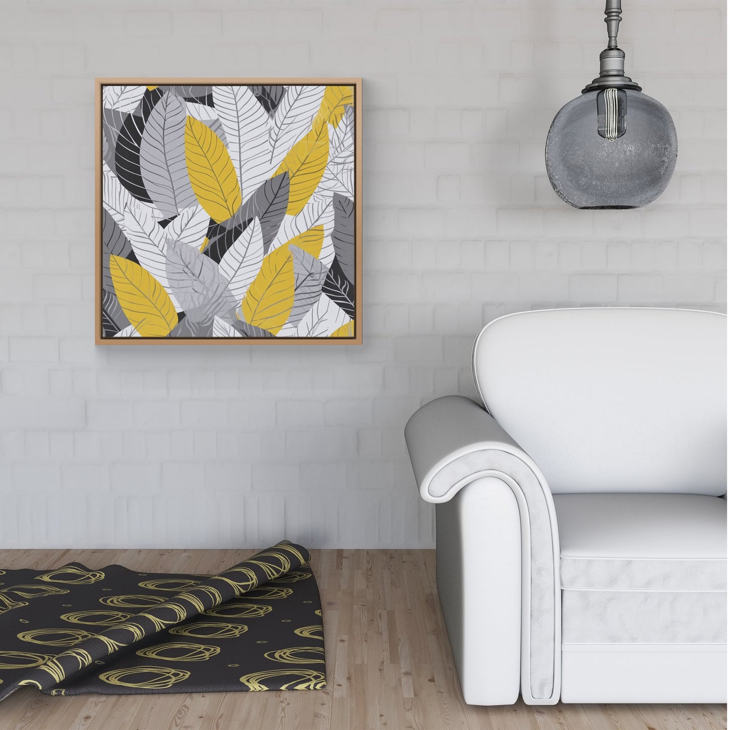 Yellow Grey Feather Leaves Framed Canvas