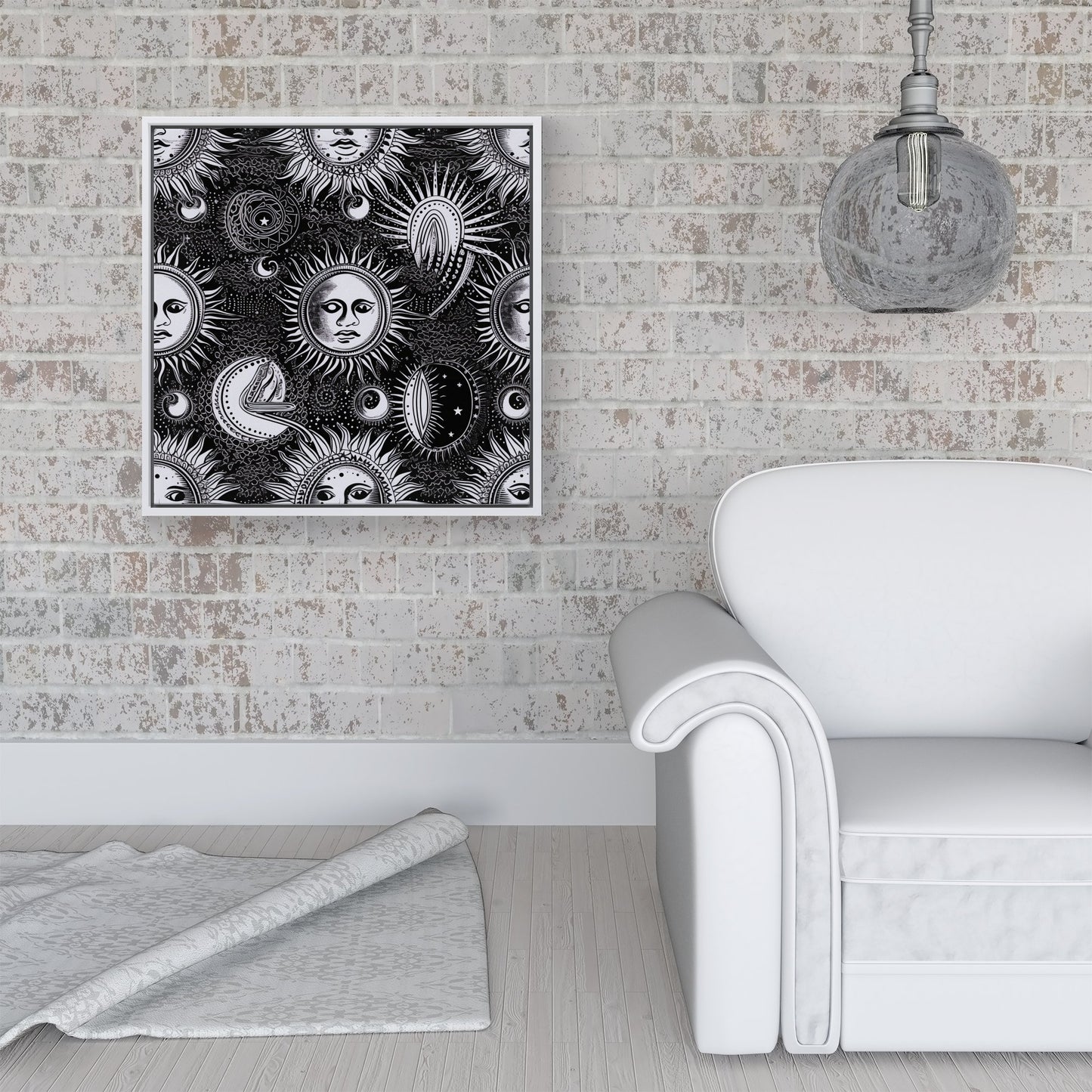 Moon and Sun Black White Framed Canvas