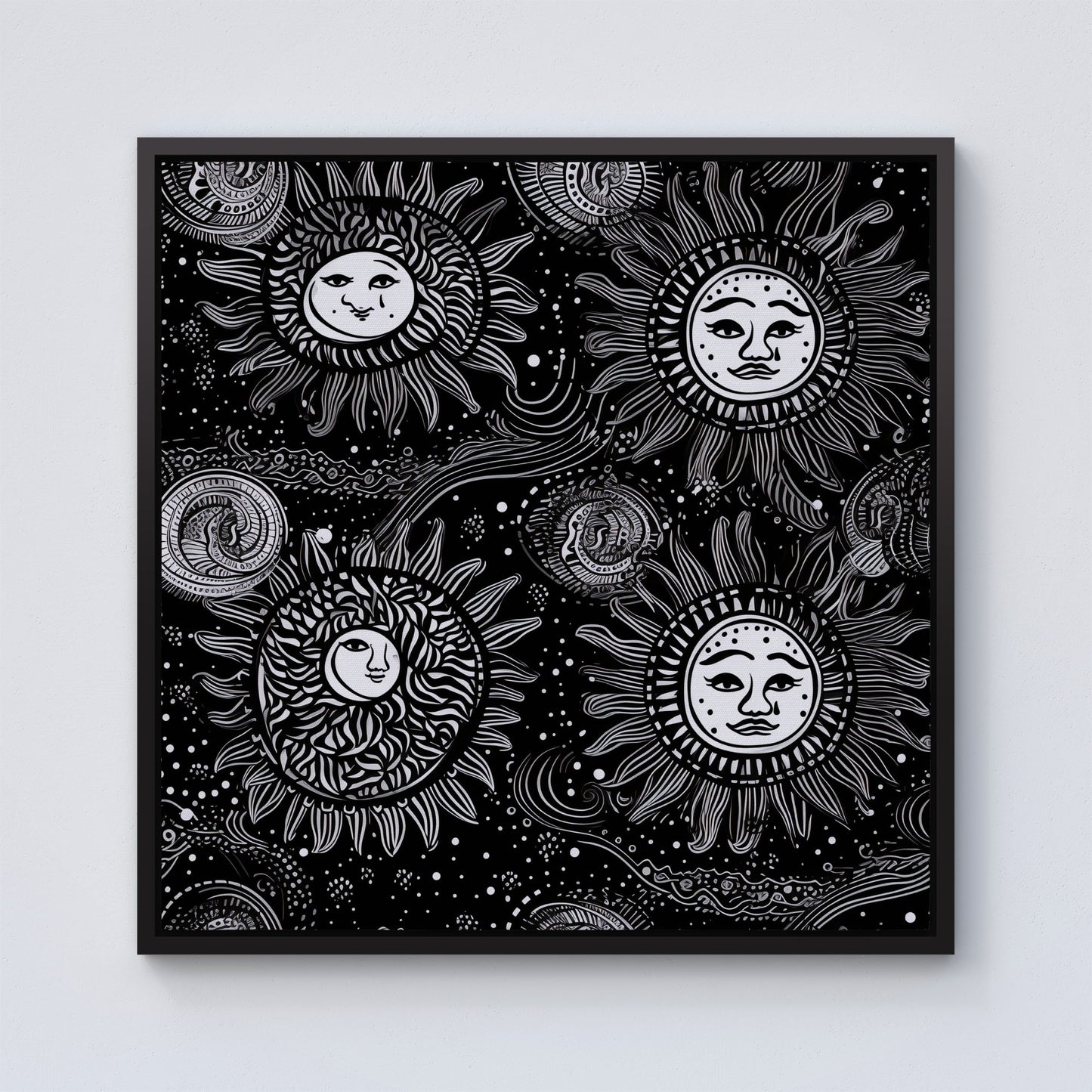 Moon and Sun White Black Framed Canvas