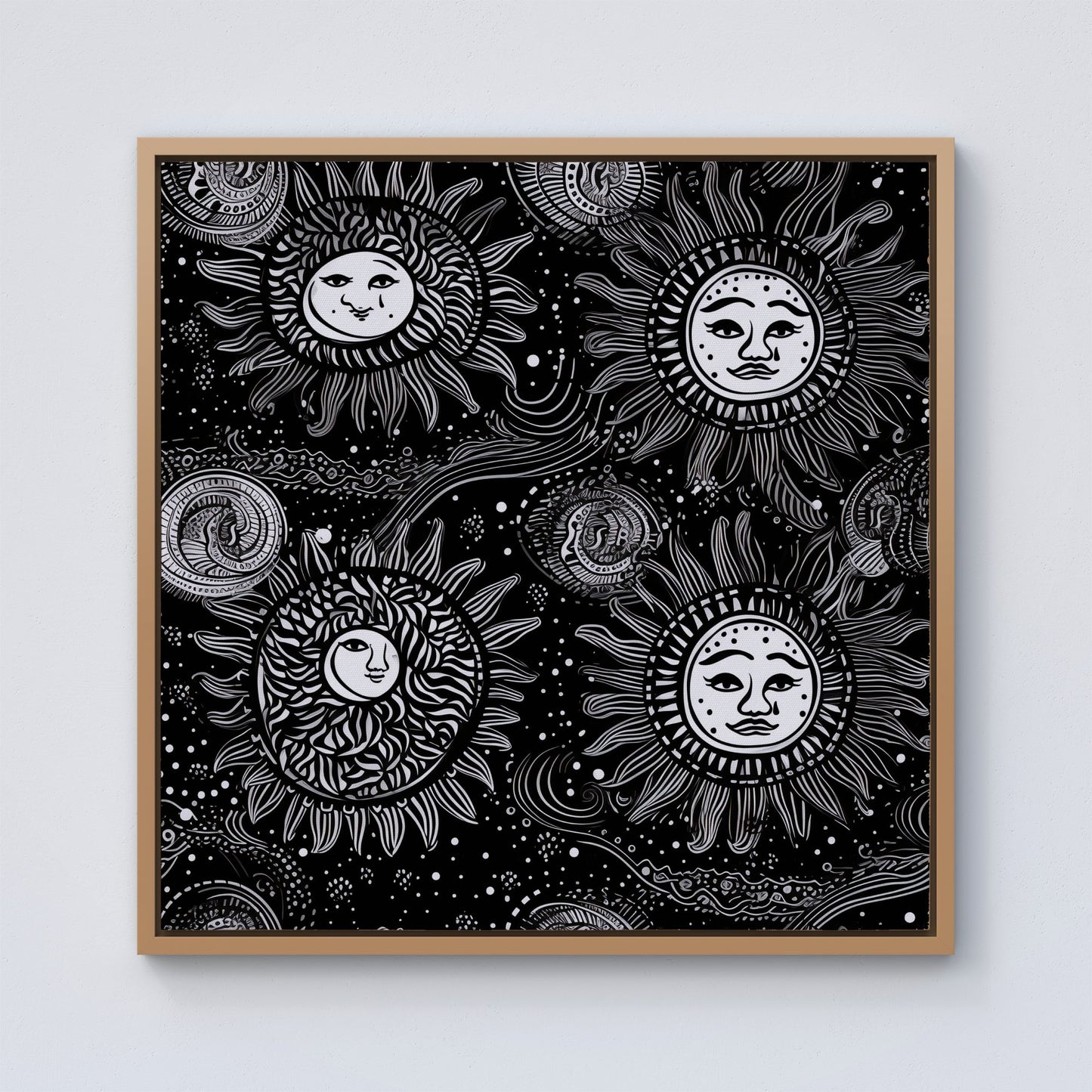 Moon and Sun White Black Framed Canvas