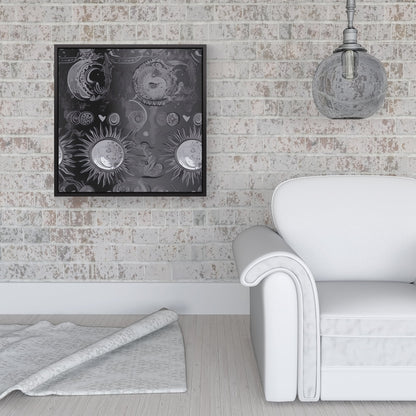 Black Grey Abstract Sun and Moon Framed Canvas