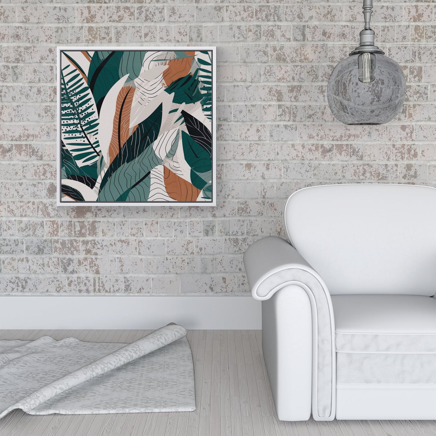 Autumn Tropical Leaves Green Brown Framed Canvas